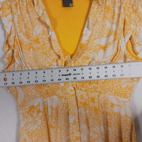 Taylor, Yellow & White Floral Midi Dress, Med., Lined, Ruffled Neck & Sleeve - Picture 11 of 13